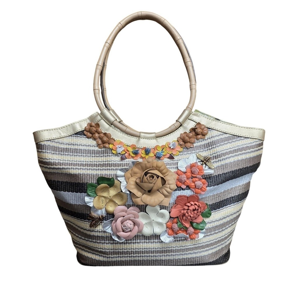 Sharif 1827 Tote Bag Womens Large Multicolor Straw Floral Bee Applique Purse